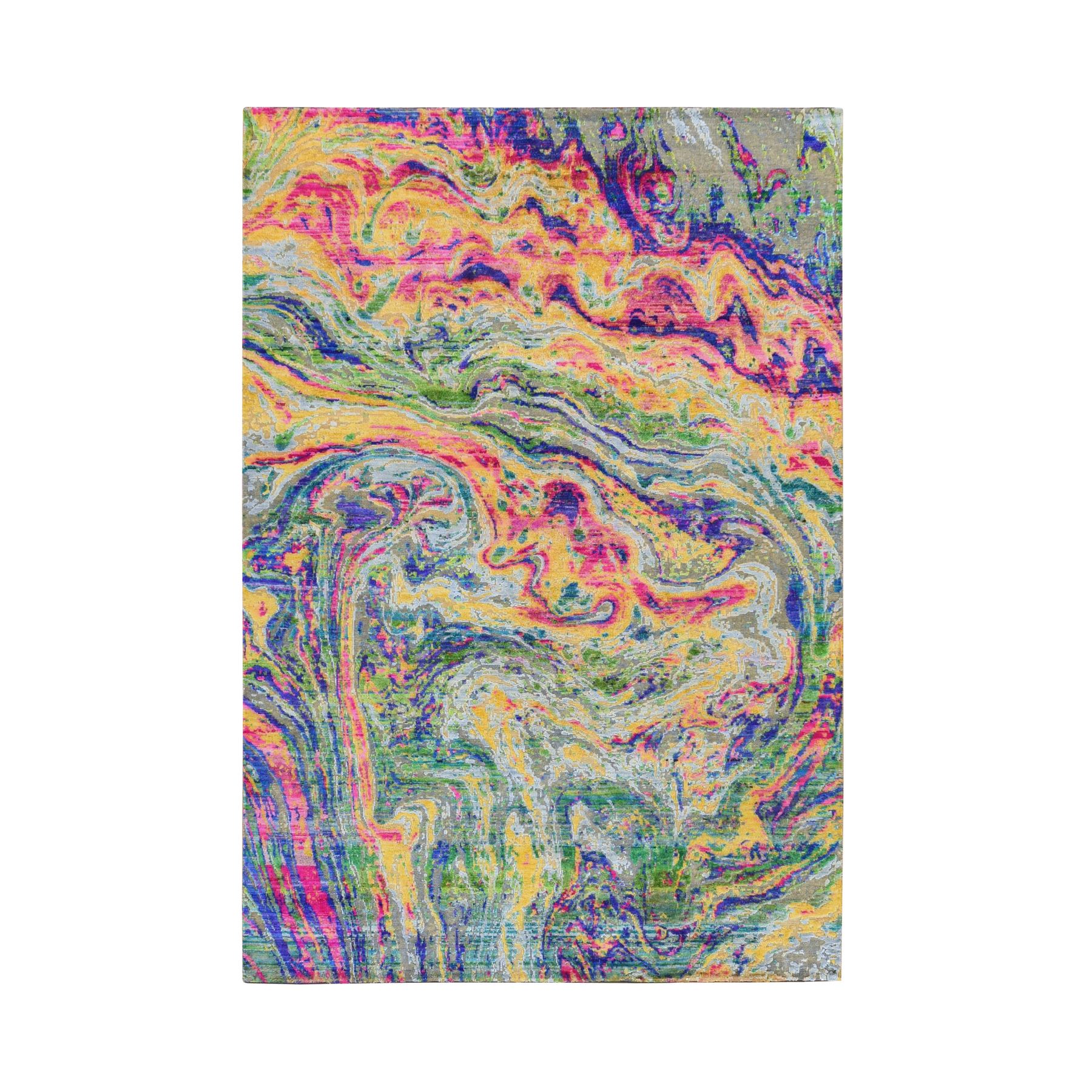 5'10"x8'8" Colorful, THE LAVA DESIGN, Hand Knotted, Sari Silk with Textured Wool, Oriental Rug 